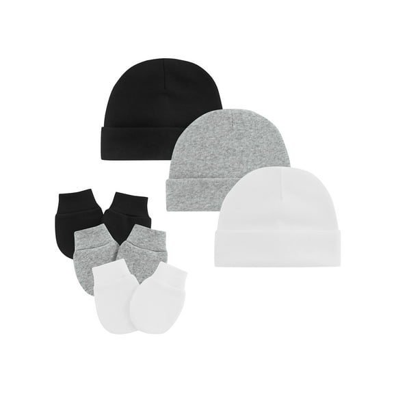 Baby Hats Mittens Set Newborn Cute Cotton Cap Baby No Scratch Gloves for Infants 3 Sets Black&White&Grey 0-6 Months