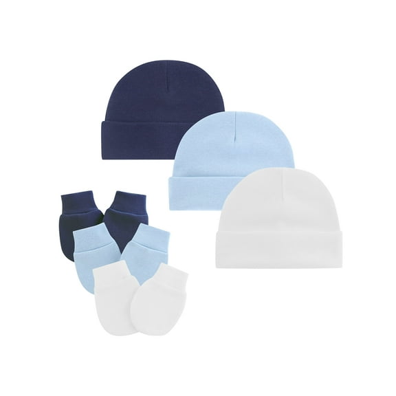 Baby Hats Mittens Set Newborn Cute Cotton Cap Baby No Scratch Gloves for Infants 3 Sets White&Pure Blue&Navy Blue 0-6 Months
