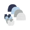 thumbnail image 1 of Baby Hats Mittens Set Newborn Cute Cotton Cap Baby No Scratch Gloves for Infants 4 Sets White&Pure Blue&Navy Blue&Grey 0-6 Months, 1 of 6
