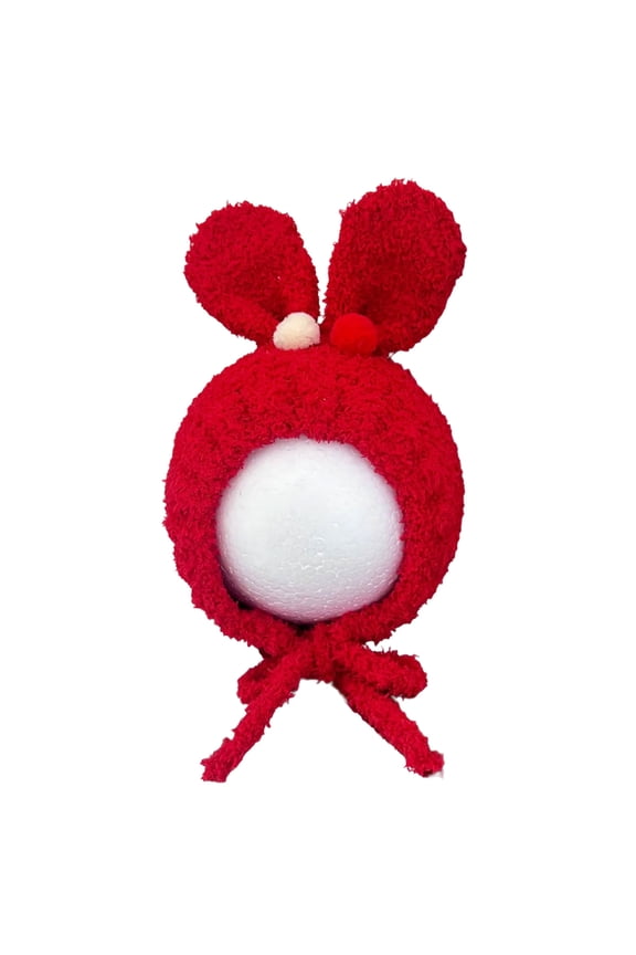 Baby Headgear with Tie Warm Lining Furry Pompoms Rabbits Ear Hat Adjustable Size Plush Hat Lovely Photo Props