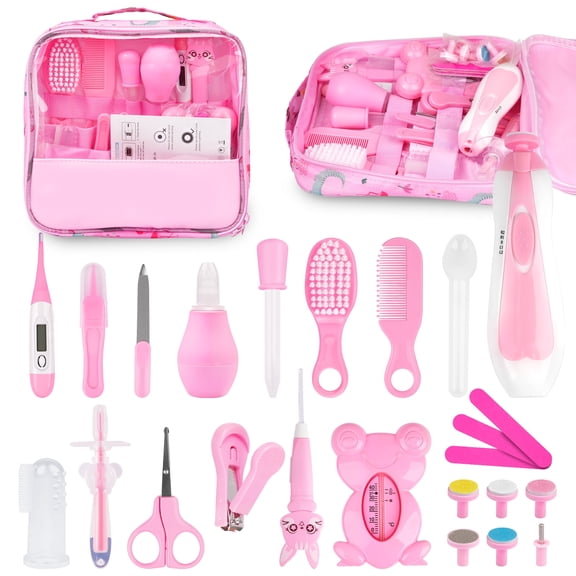 Baby Healthcare and Grooming Kit, 25 in 1 Baby Electric Nail Trimmer Set Newborn Nursery Health Care Set for Newborn Infant Toddlers Baby Boys Girls Kids Haircut Tools,Pink Baby Grooming kit