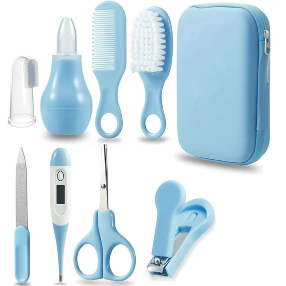 Baby Healthcare and Grooming Kit,Bexikou Baby Health Nursery Care Items,Baby Comb, Brush, Finger Toothbrush, Nail Clippers, Scissors, Nasal Aspirator, Baby Essentials Nursery Care Kit (Blue)