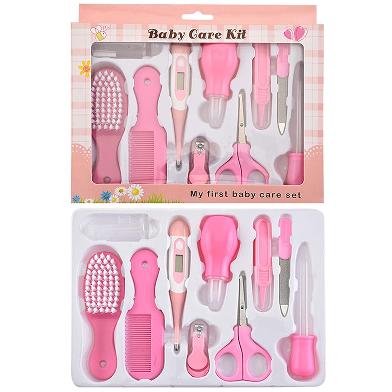 Baby Healthcare and Grooming Kit, Happon 10 in 1 Newborn Essentials Nursery Care Set with Toothbrush Nail Clipper File Nose Cleaner Nasal Aspirator - Baby Item for Infant Toddlers Kids Pink