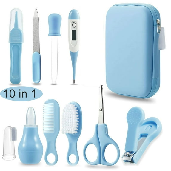 Baby Healthcare and Grooming Kit, 10 in 1 Baby Safety Set Newborn Nursery Health Care Set with Hair Brush Nail Clippers for Baby Girls Boys (Blue)