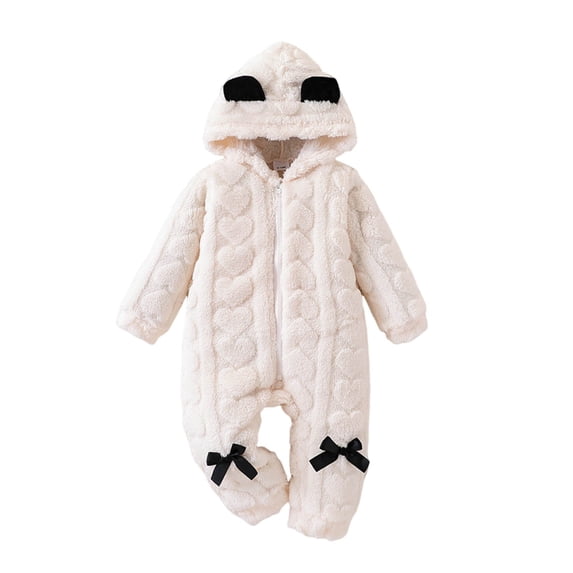 Baby Heart Embossed Plush Hooded Romper Cute Panda Ear Zip Up Onesie with Bow Decor Warm Jumpsuit for Toddler Loungewear Outdoor Daily Party Outfit(White,9-12 Months)