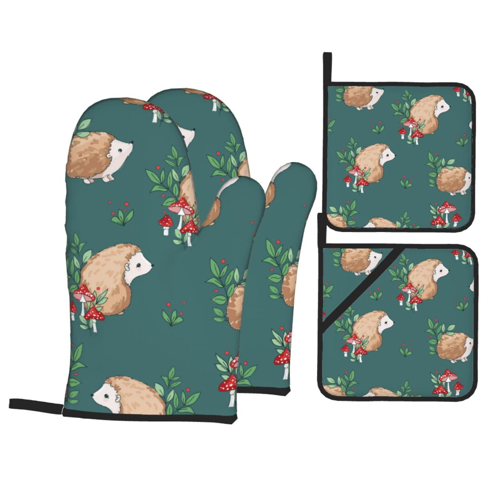 Baby Hedgehog Mushroom 4Pcs Oven Mitts and Pot Holders Sets Oven Kitchen Gloves Hot Pads for Cooking BBQ Baking Grilling