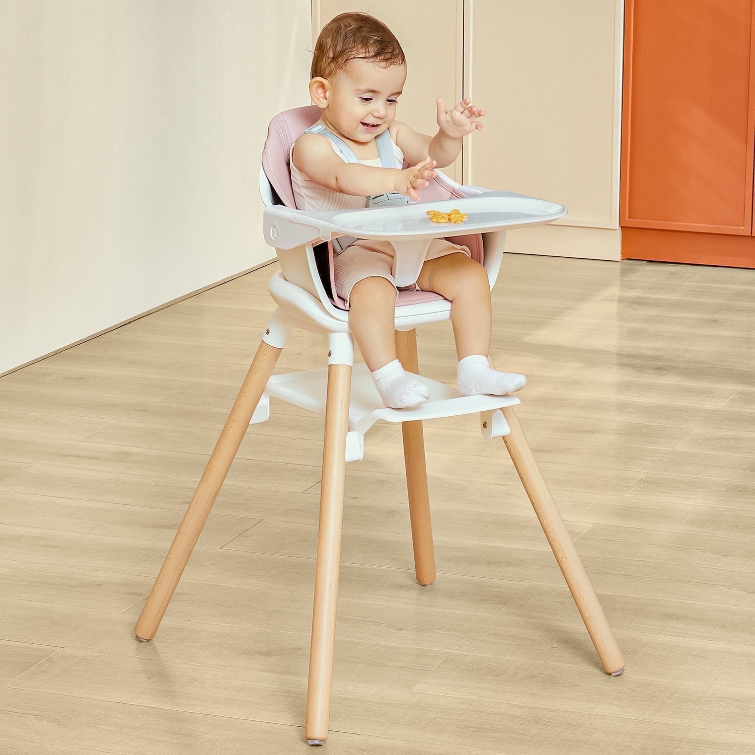 Babyomi Convertible High Chair for 2 Babies, 11-in-1 Wooden Booster with Double Easy-Clean Trays & PU Cushion, (Pink)