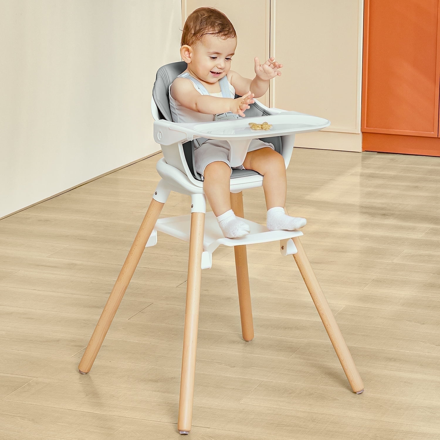 Babyomi Convertible High Chair for 2 Babies, 11-in-1 Wooden Booster with Double Easy-Clean Trays & PU Cushion,White