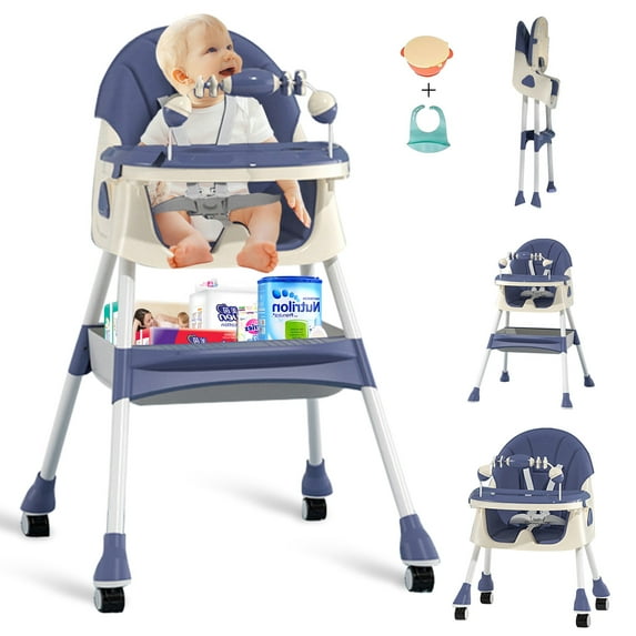 YYW 4-In-1 Foldable Baby High Chair,Portable Highchair with 2-Layer Dining Plate & Toy Rack,Blue