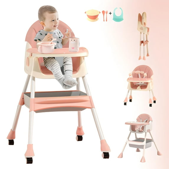 Baby High Chair, 4 in 1 Foldable Toddler Infant Dining Feeding Highchair with Five-Point Harness Dining Plate & Toy Rack, Pink