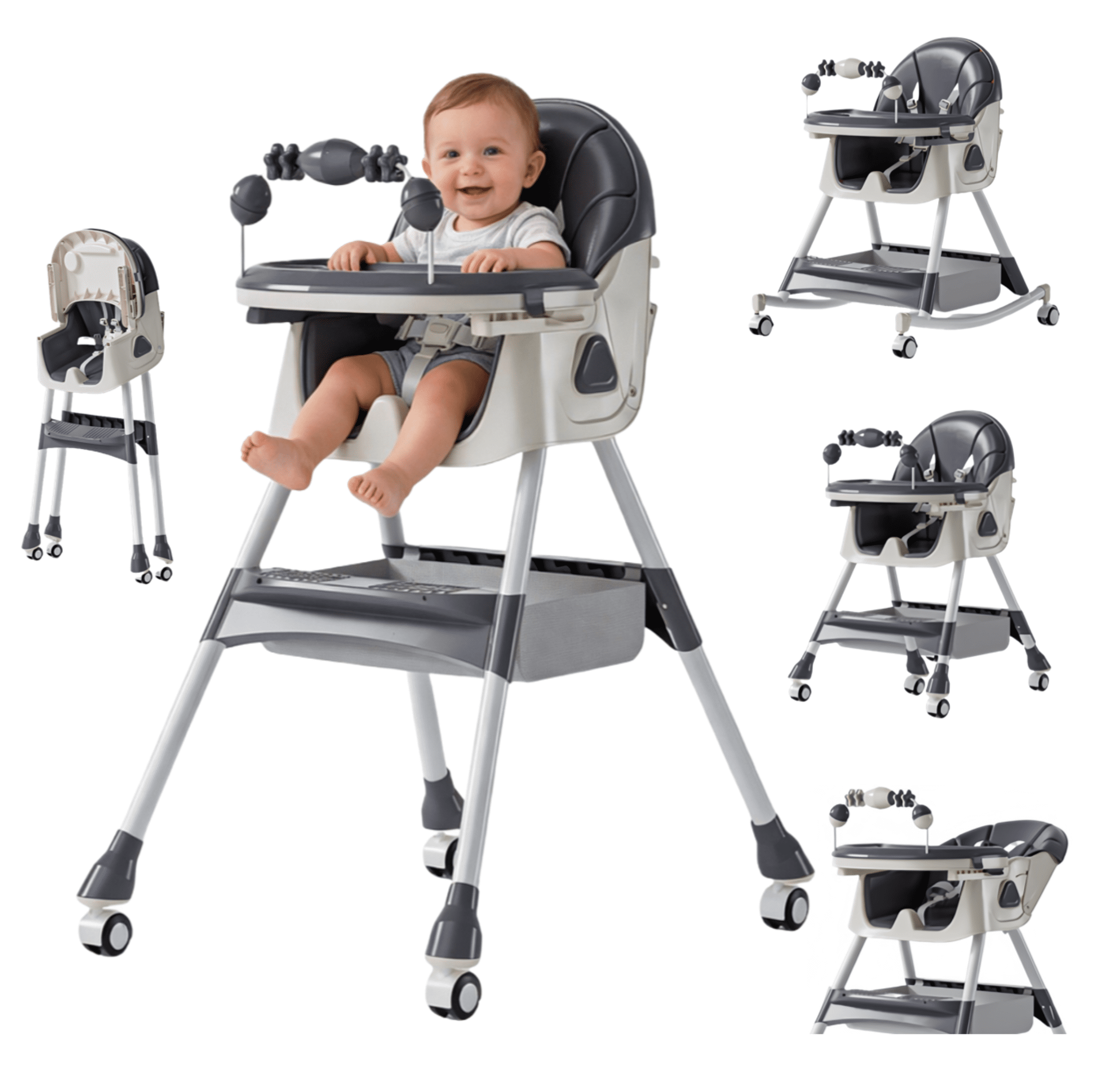 Baby High Chair 5-in-1 Rocking Chair & Baby scooter & Feeding Chair with Adjustable Height,Steel Pipe 4-for Babies and Toddlers, Grey
