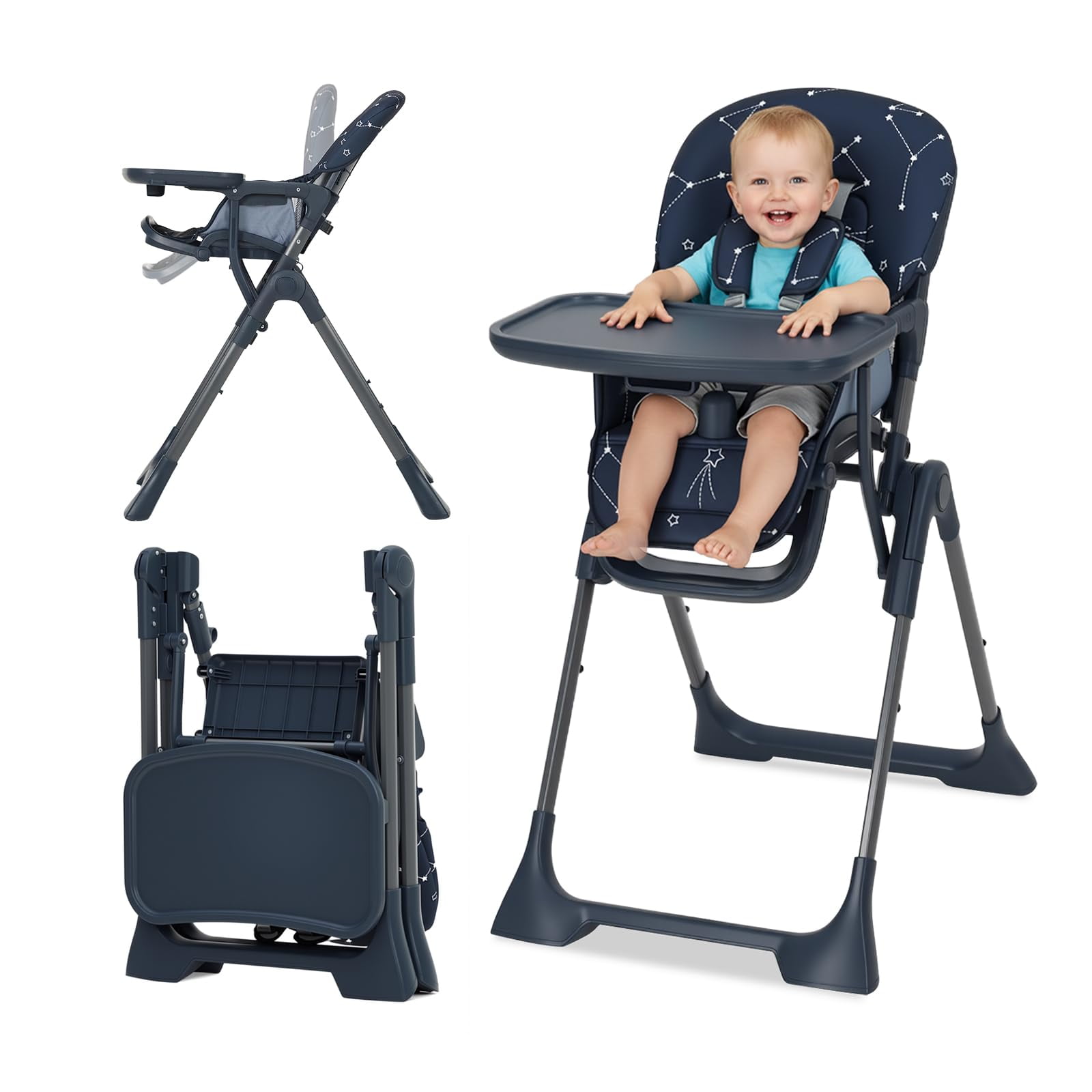 Baby High Chair,Foldable High Chair for Babies and Toddlers,Height Adjustable Feeding Chair, Adjustable Backrest and Footrest,Easy Assembly