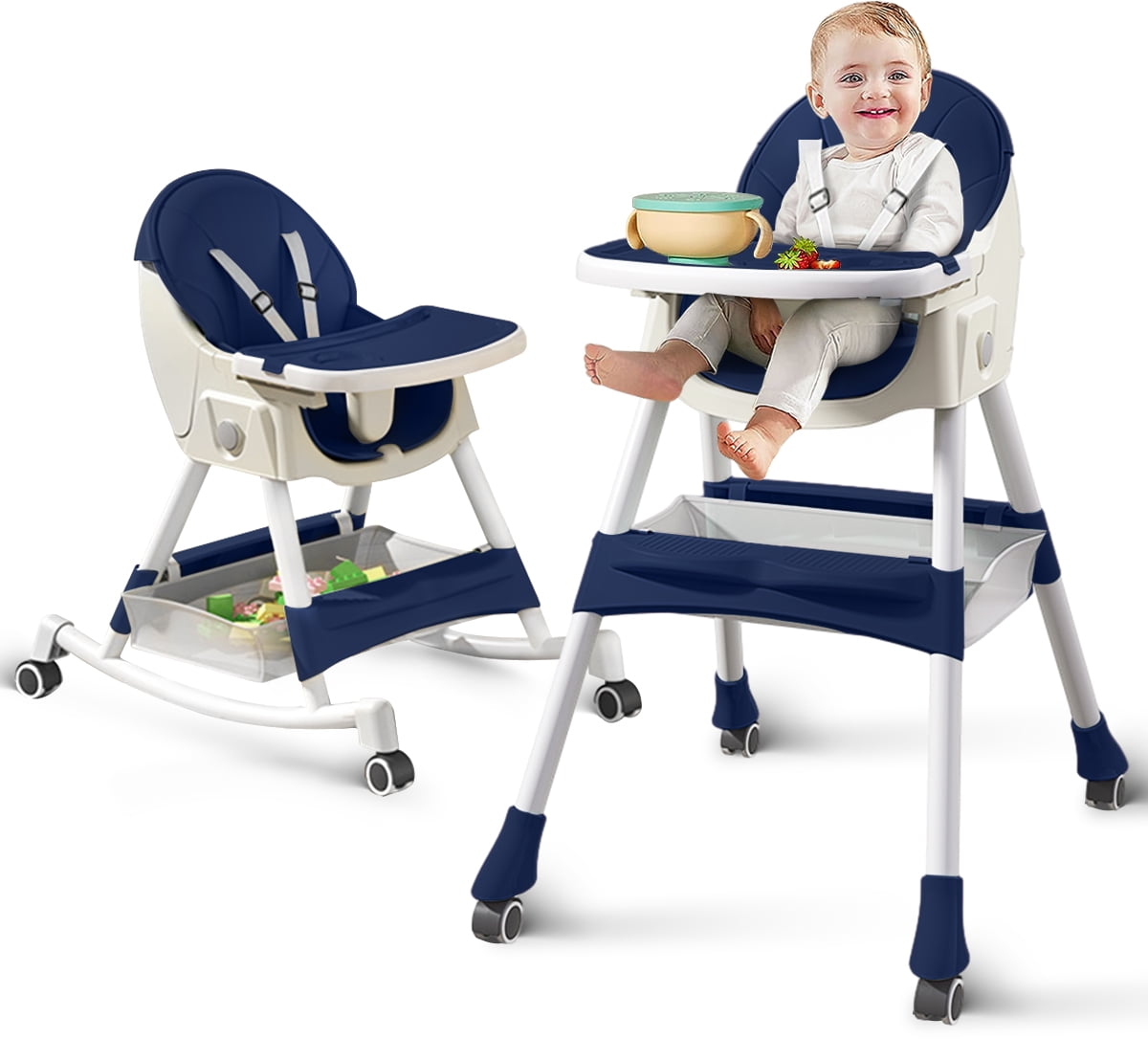 Baby High Chair, HDJ Folding High Chair with Detachable Double Tray
