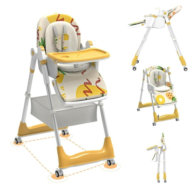 Baby High Chair, High Chairs for Babies and Toddlers with Adjustable Backrest/Footrest/Seat Height,Foldable High Chair with 4 Wheels, Toddler High Chair with Double Removable Tray(Yellow)