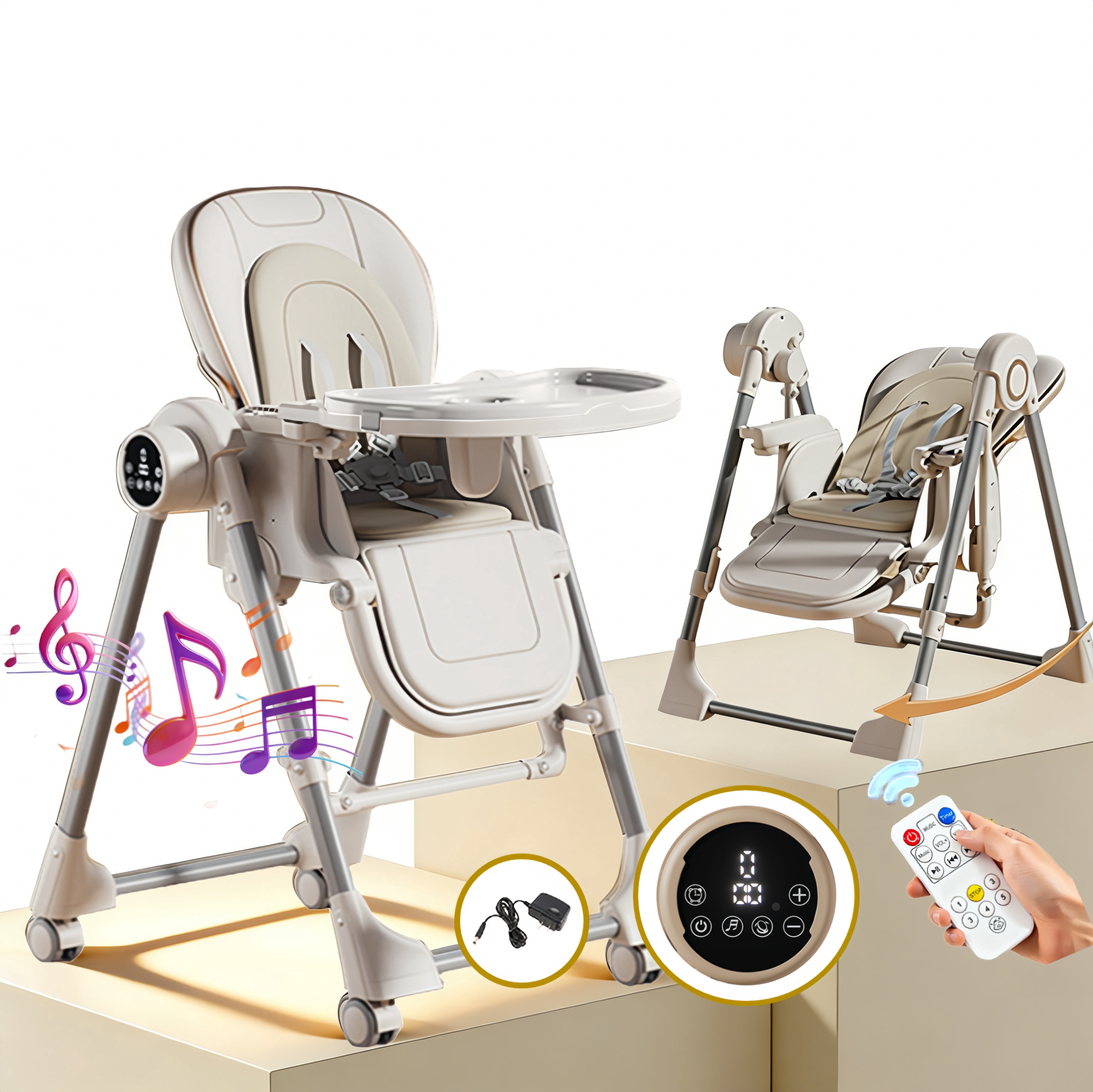 Baby High Chair with Touch Control,Toddler Feeding Chair with Swing Combo,Rocking Chair,6-36 Months,Unisex,WHITE