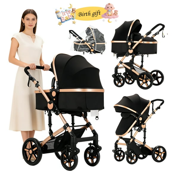 Baby High-View Stroller, Portable Baby Carriage,Baby Pushchair with Spacious Storage Basket for 0-36 Months,Black Gold