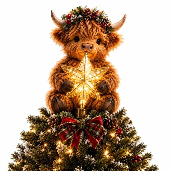 Baby Highland Cow Christmas Tree Topper, Glowing Star TreeTop Ornament with Berry Pine Wreath, Rustic Farmhouse Holiday Decor for Xmas Tree Mantel Shelf