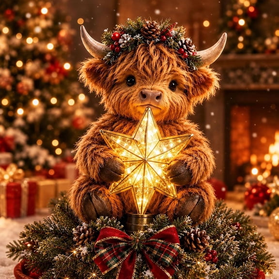 Baby Highland Cow Glowing Star Tree Topper, Fall Highland Cow Figurine, Adorable Christmas Tree Top Decor, Farmhouse Holiday Party Ornament and Gift.