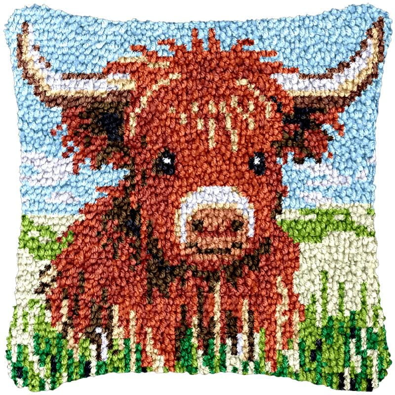 Baby Highland Cow Latch Hook Pillow Cover Kits for DIY Cushion Cross Stitch Crochet Hooking Latch Hook Pillowcase Rug Kits with Preprinted Canvas Crochet Yarn Kits Needlework Crafts 17'' X 17''