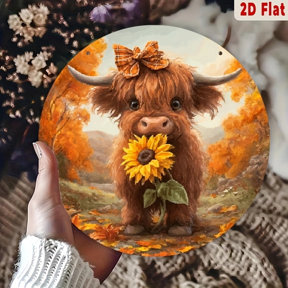 Baby Highland Cow Round Aluminum Sign, Cozy Fall Sunflower Rustic Farmhouse Wall Decor, 1pc, 8" Wall Art Metal Sign, For Porch, Gardene, Cafe, Bedroom, Room, Home, Bathroom Decor, Ideal Gift, 2D Flat