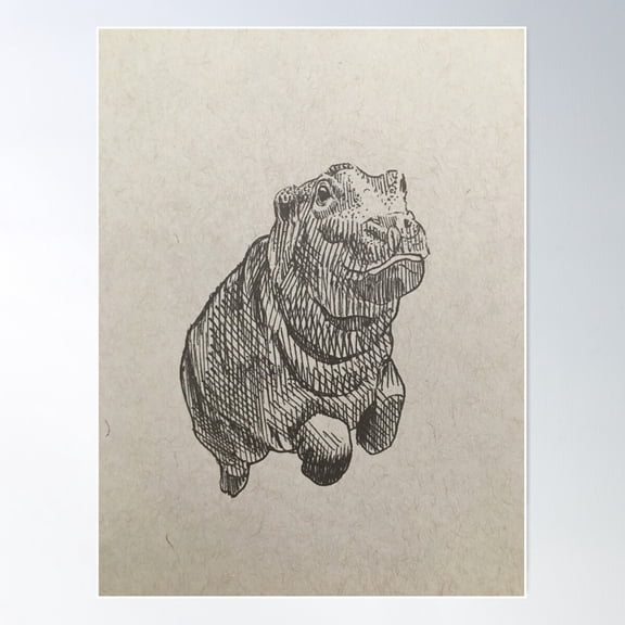 Baby Hippo In Ink Poster Wall Art, Modern Wall Decor For Living Room Bedroom, 12x18 UNFRAMED