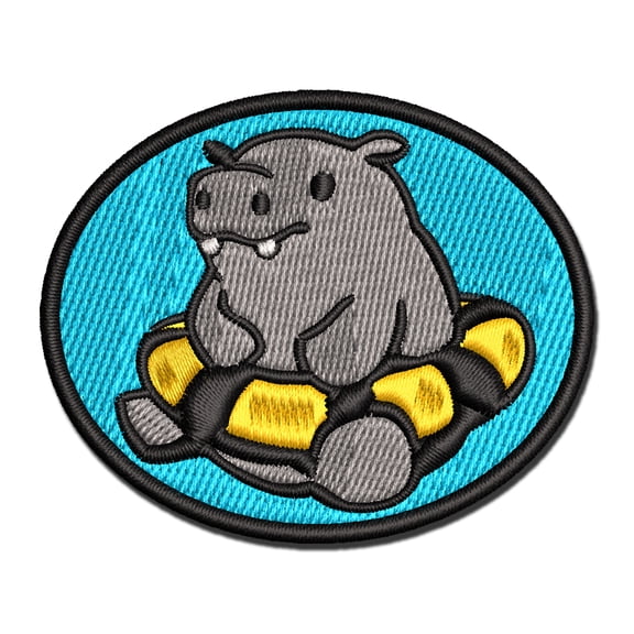Baby Hippo in Swimming Tube Applique Multi-Color Embroidered Iron-On Patch - 2.5 Inch Small