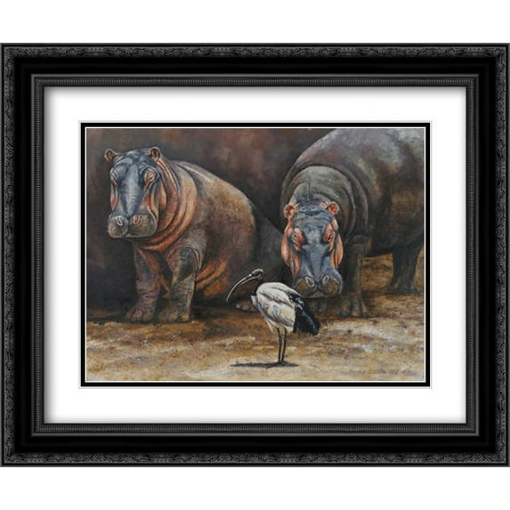 Baby Hippos 2x Matted 24x20 Black Ornate Framed Art Print by Blackwell, Peter