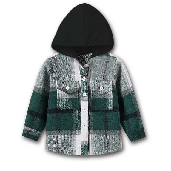 Baby Hooded Flannel Shirt, Toddler Plaid Shirts Tops, Kids Long Sleeve Button up Jackets Hoodies Sweatshirts Winter Coat Outerwear Green 5-6T