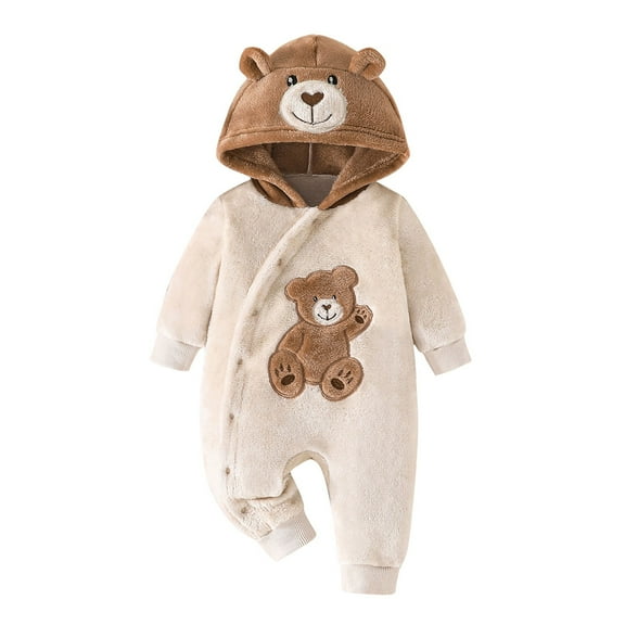 Baby Hooded Jumpsuit Fleece Bear Print Button down Romper Long Sleeve Unisex Winter Warm Newborn Infant Clothes, Brown, 0 Months
