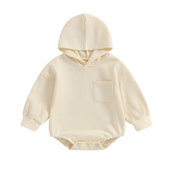 Baby Hooded Romper 6 12 18 24M Long Sleeve Chest Pocket Solid Color Bodysuit Newborn Playsuit