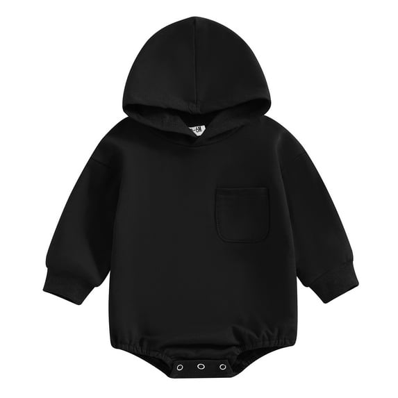 Baby Hooded Romper 6 12 18 24M Long Sleeve Chest Pocket Solid Color Bodysuit Newborn Playsuit
