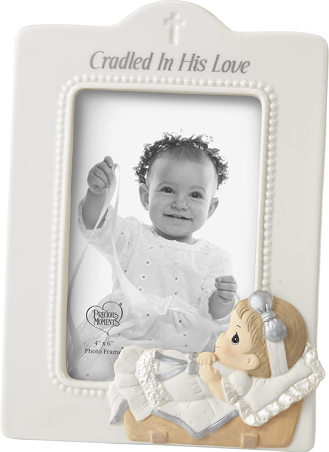 Baby In Cradle Baptism Photo Frame Girl,White