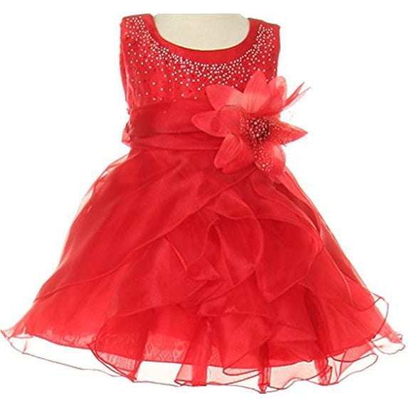 Baby & Infant Flower Girl Dress with Crystal Organza Cascading Ruffles Red M CC1101B