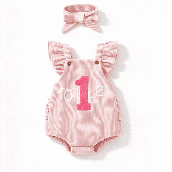 Baby Infant GIRL Sleeveless Romper 6-18 Month Sleeveless Embroidery "One" Ruffle romper Corduroy Bubble Jumpsuit