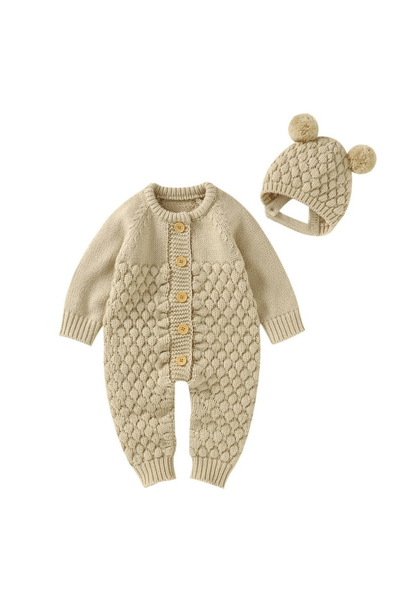 Baby Infant Knit Jumpsuits with Hat Newborn Crochet Button Front Romper Knit Overalls Crochet Set Sweater Clothe