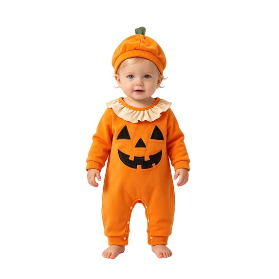 Baby Infant Pumpkin Onesie Halloween One Piece Jumpsuits Ruffles Neck Cute