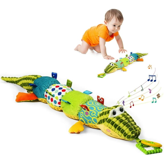 Ludolm Baby Musical Soft Stuffed Animal Toys with Crinkle, Infant Sensory Rattle and Multi-Textures,Tummy time Toys for 0-3-6-12 Months Newborn Boys,Girls,Green Crocodile 21 Inchs