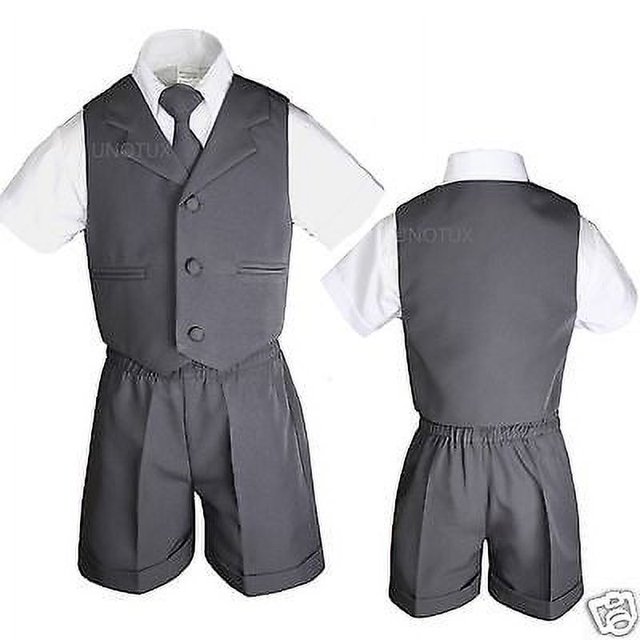 Baby Infant Toddler Formal Eton Dark Gray 4pc Vest Shorts Outfits Boy