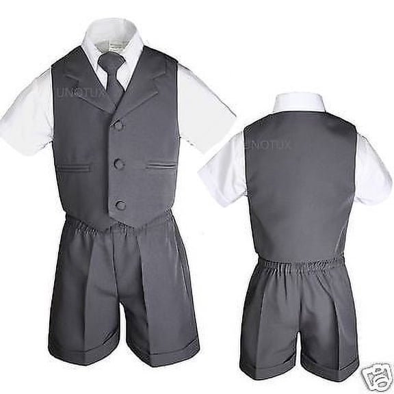 Baby Infant Toddler Formal Eton Dark Gray 4pc Vest Shorts Outfits Boy Suits S-4T