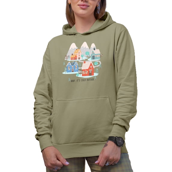 Baby, It's Cold Outside Quote with Hand Drawn Winter Season Art Merch Gift, Sand Hooded Sweatshirt or Hoodie, Large