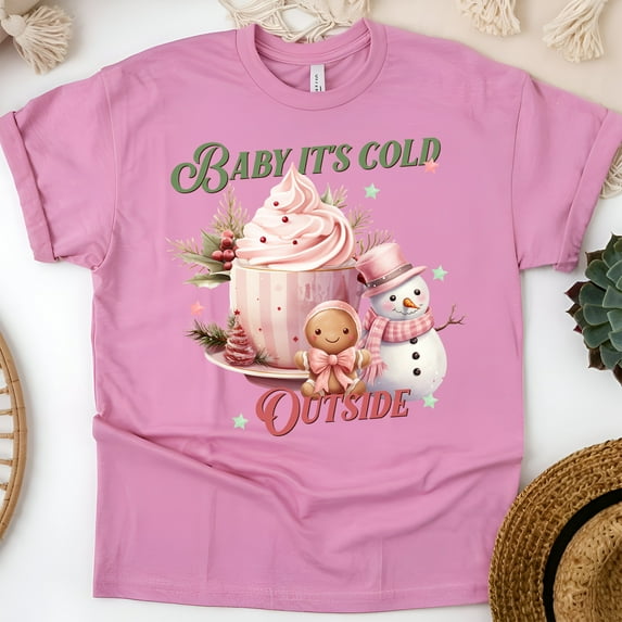 Baby It’s Cold Outside T-Shirt | Snowman & Hot Cocoa Holiday Graphic Tee, Azalea, Size XL
