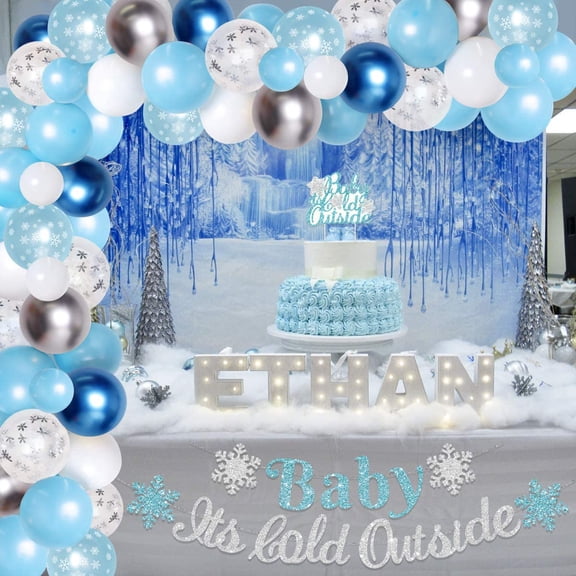 Baby Its Cold Outside Baby Boy Shower Decorations Snowflake Balloon Garland Arch Kit Banner Cake Topper Blue Silver