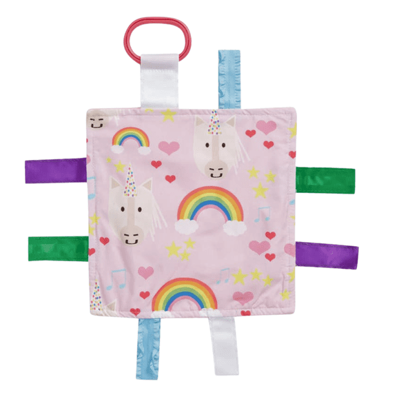 Baby Jack & Co 8x8" Unicorn Learning Lovey Crinkle Tag Toy with Stroller Clip