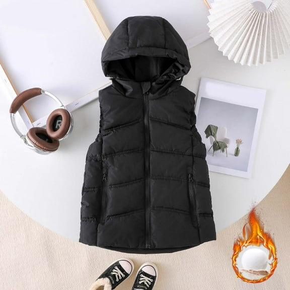Baby Jacket,Vest Girls Winter Hood Thickened Warm Sleeveless Zip Up Quilted Coat Outerwear,Boys Jacket,Black,9-10 Years