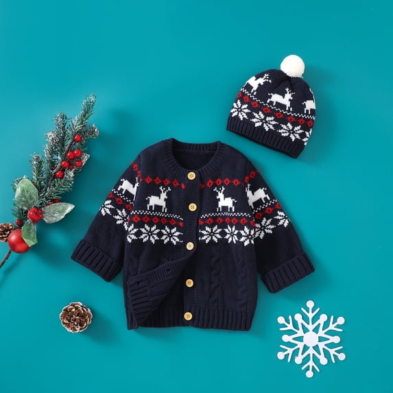 Baby Jacket Winter Red Christmas Reindeer Newborn Infant Boys Girls Knitted Coats Casual Long Sleeves Button Up Toddler Knitwear