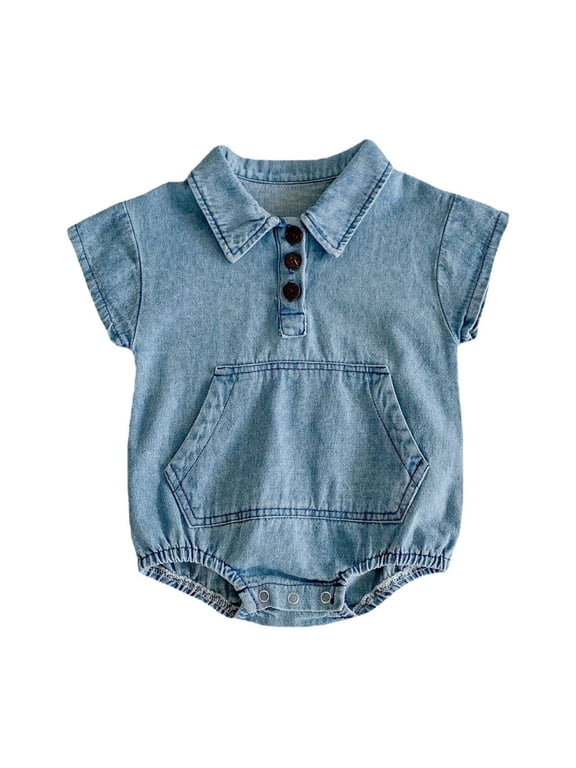 Baby Jean Bodysuit Newborn Denim Rompers Cotton Short Sleeve Polos Jumpsuit with Pocket Collared Onesies Summer Outfits, Blue, 12-18 Months
