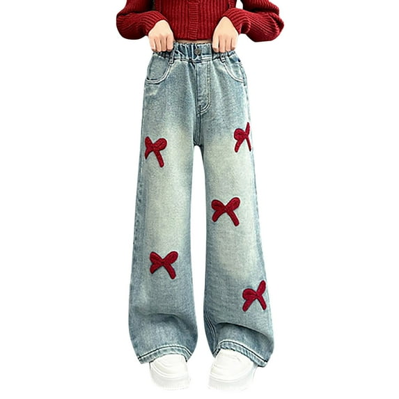 Baby Jeans Kids Child Girls Elastic Waist Wide Leg Thin Breathable Jeans with Bow Embroidery Jeans for Girls Red 11 Years-12 Years