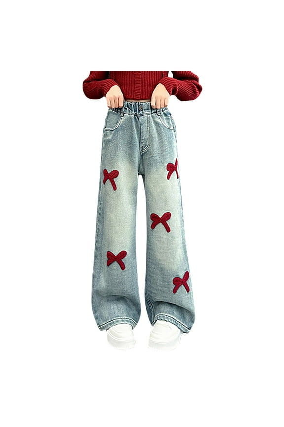 Baby Jeans Kids Child Girls Elastic Waist Wide Leg Thin Breathable Jeans with Bow Embroidery Jeans for Girls Red 7 Years-8 Years