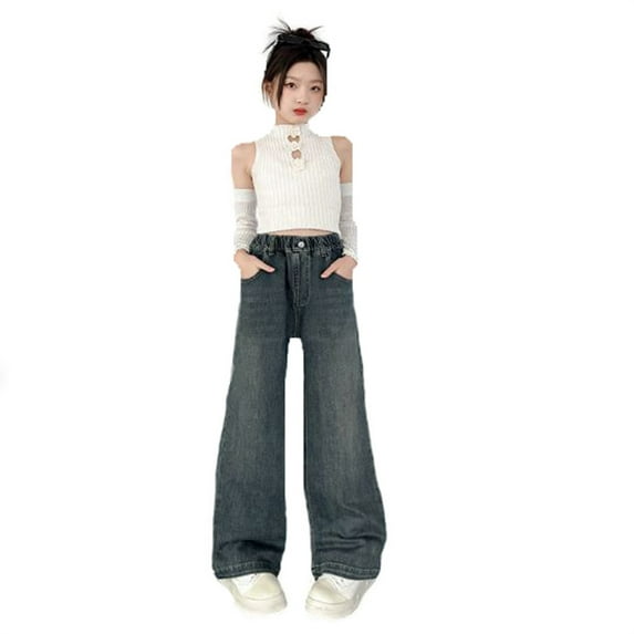 Baby Jeans Kids Toddler Girls Thin Breathable Solid Jeans Elastic Waist Wide Leg Casual Demin Pants with Pockets Girls Sweatpants Blue 5 Years-6 Years