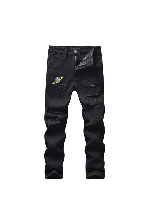 Baby Jeans Vintage Wash Ripped Distressed Jeans for Kids Teen Boy's Skinny Fit Denim Pants Fashion Streetwear Boys Jeans Black 6 Years-7 Years